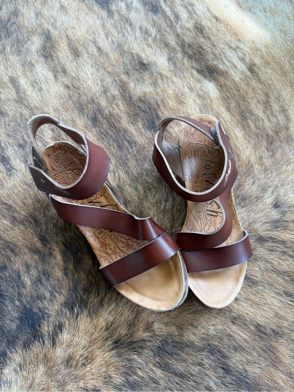 Brown Leather Cross-Strap Wedge Sandals with Ankle Strap